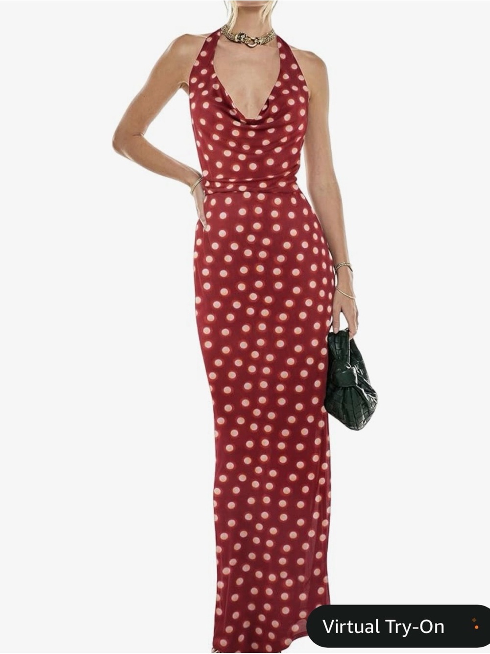 Red Polka Dot Halter Cowl Maxi Dress